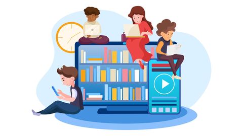 Illustration: Kinder sitzen auf übergroßen Büchern und Tablet und lesen im Buch und im Internetd