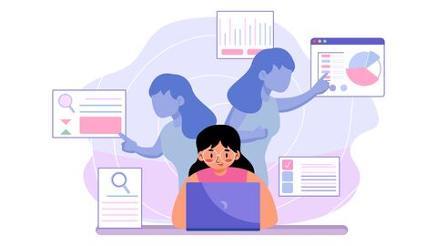 Illustration: Mädchen macht sich online schlau. Um ihren Kopf schweben Diagramme und Listen